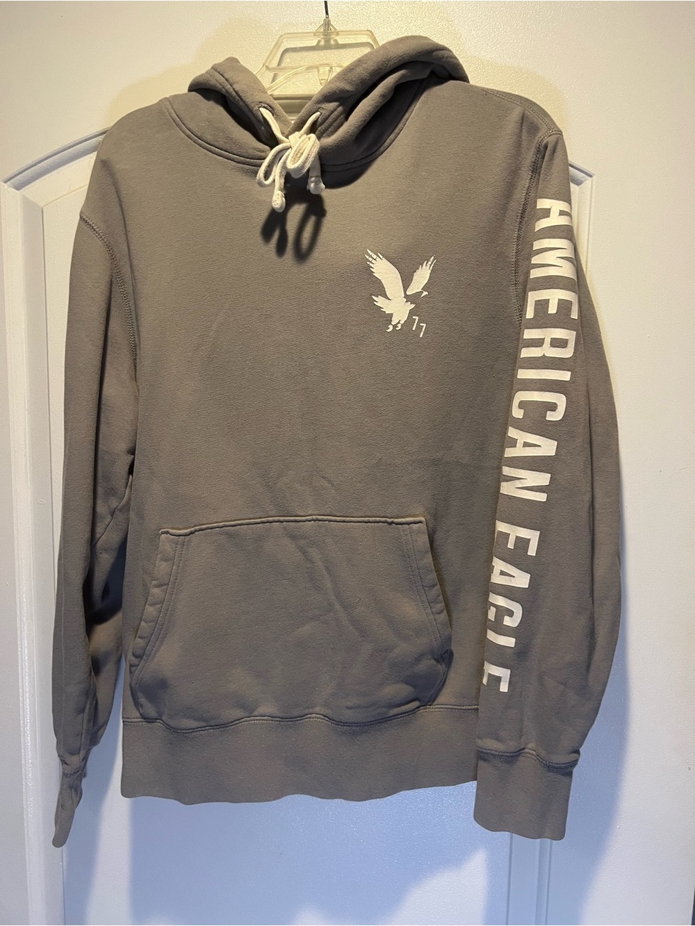 American Eagle Outfitters Olive Gray Pullover Hoodie with White Logo